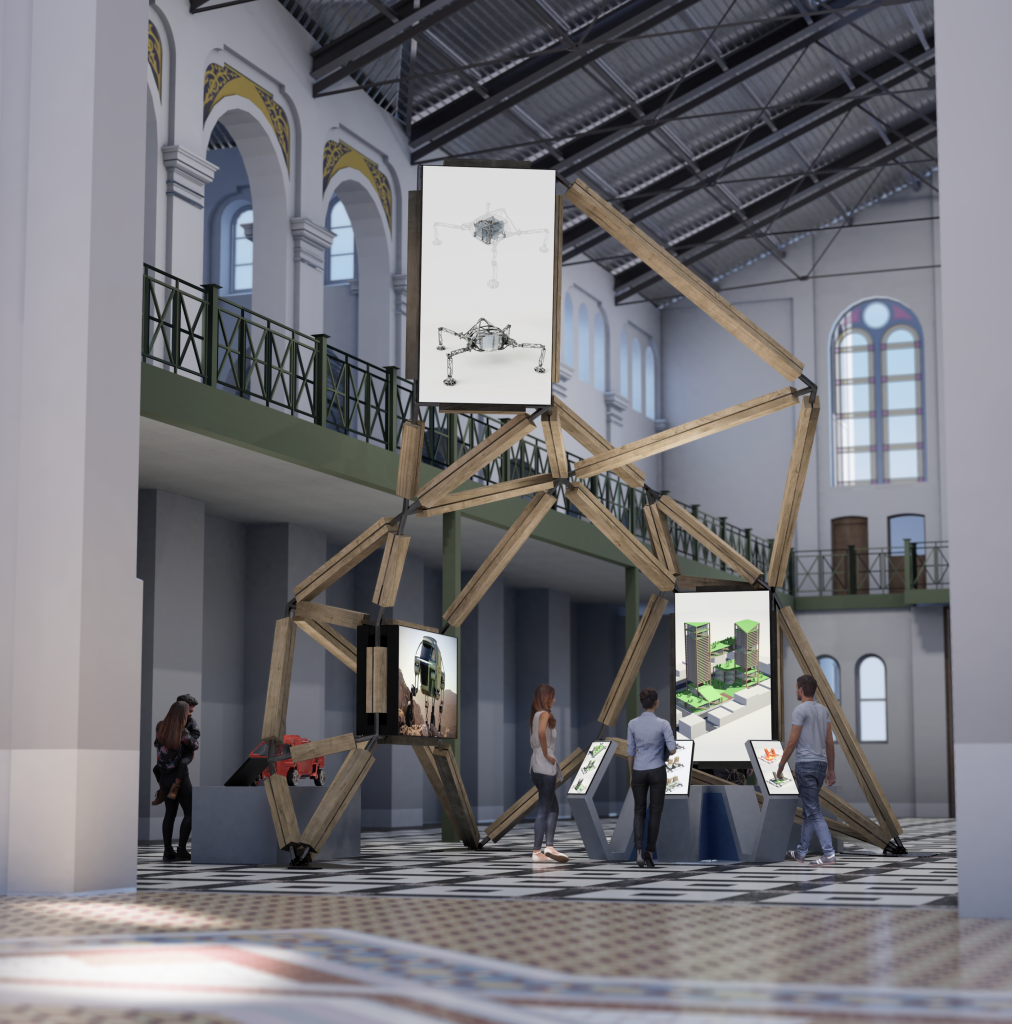 art structure with screen in large open gallery with people gathered around