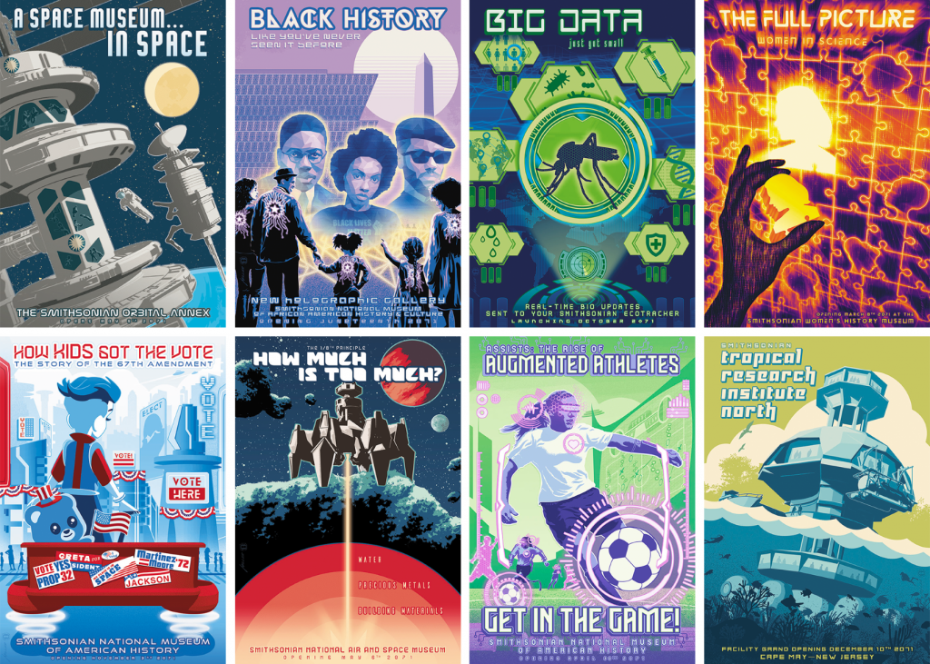 Grid of artist posters with futuristic imagery